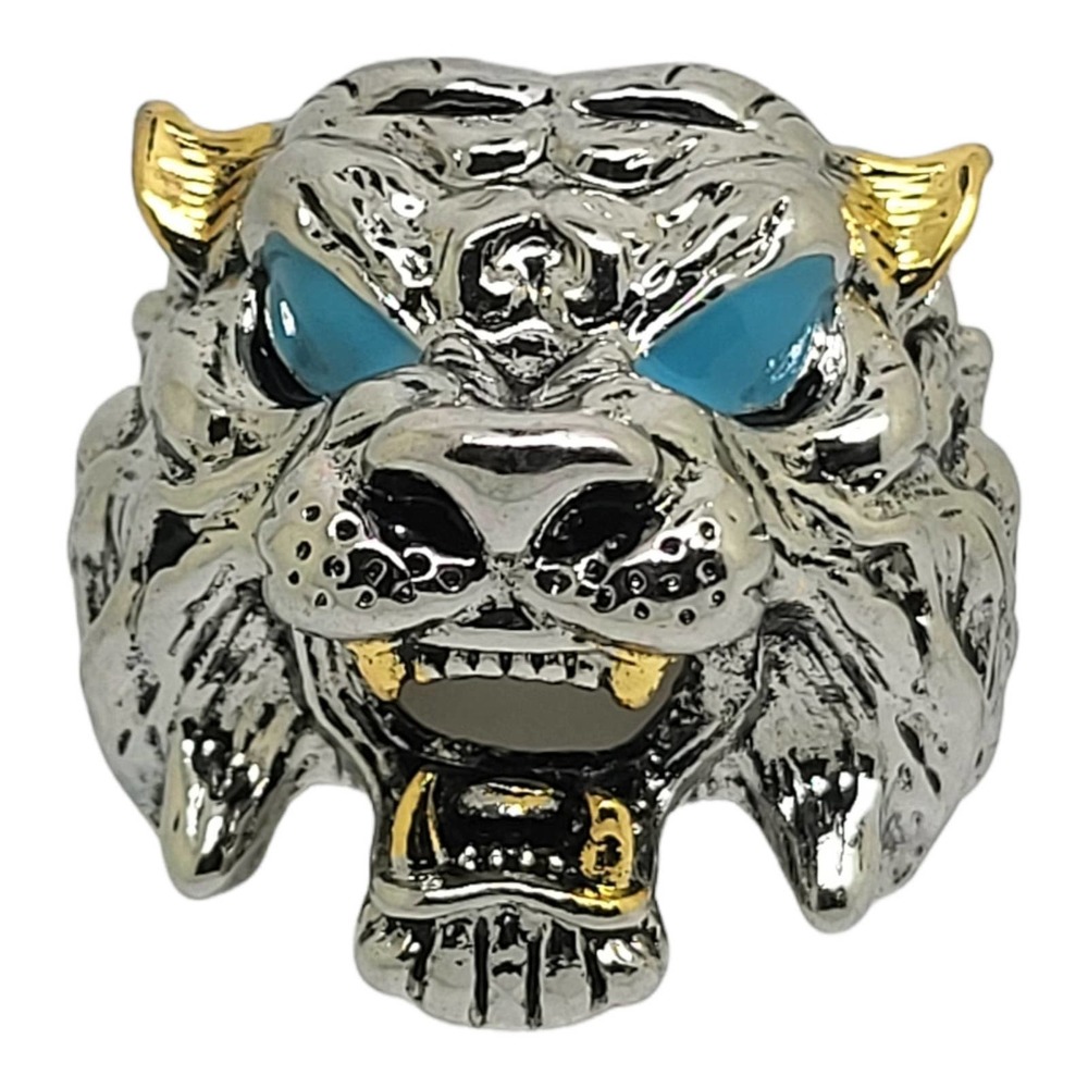 Hunt Ring Silver Blue Enamel Gold Embellished Beast Head Ring Size Adjustable